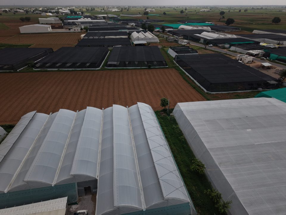 Close aerial view along the ridges of an Avishkar Agribiz polyhouse