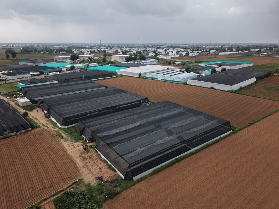 Shade net house complex installed by Avishkar Agribiz, from the air